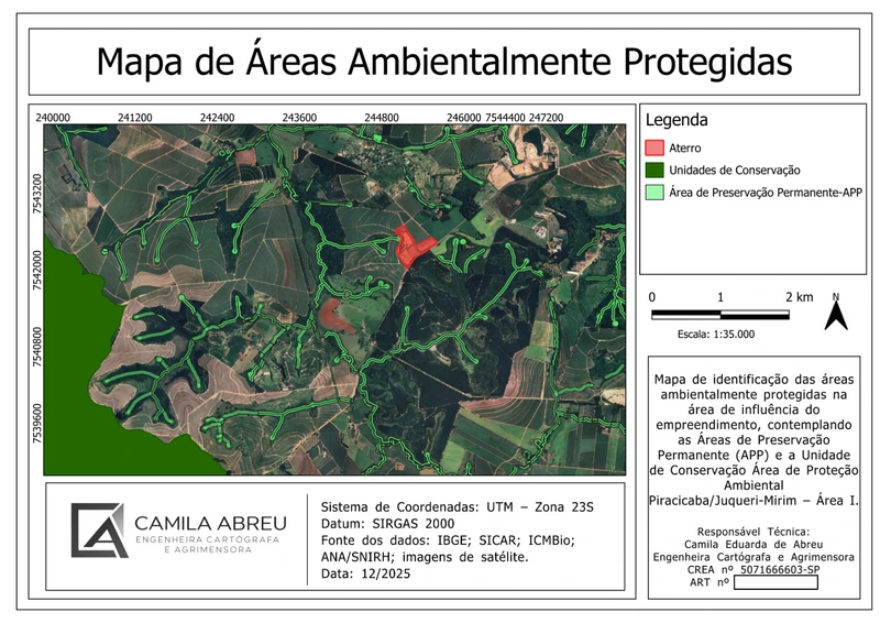 Mapa de áreas ambientalmente protegidas, com imagem de satélite, legenda e limites de áreas de preservação.