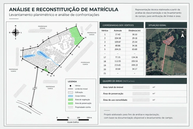 Prancha de análise e reconstituição de matrícula com limites do imóvel, vértices e situação geral; dados particulares ocultados no original.